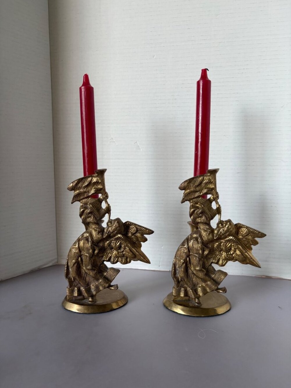Pair Of Vintage Brass Angel Candle Holders With Red Taper Candles 6.5 Inches Tal